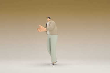 Kahverengi bez giyen gözlüklü bir adam. O, konuşurken el ifadesidir. Oyunculuktaki çizgi film karakterinin 3d canlandırması.