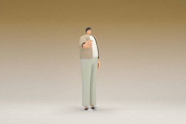 Kahverengi bez giyen gözlüklü bir adam. O, konuşurken el ifadesidir. Oyunculuktaki çizgi film karakterinin 3d canlandırması.