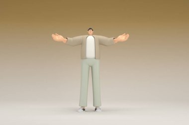 Kahverengi bez giyen gözlüklü bir adam. O, konuşurken el ifadesidir. Oyunculuktaki çizgi film karakterinin 3d canlandırması.