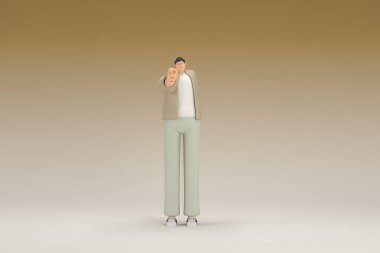 Kahverengi bez giyen gözlüklü bir adam. O, konuşurken el ifadesidir. Oyunculuktaki çizgi film karakterinin 3d canlandırması.