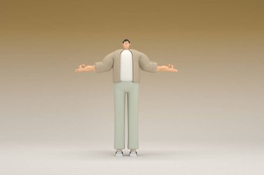 Kahverengi bez giyen gözlüklü bir adam. O, konuşurken el ifadesidir. Oyunculuktaki çizgi film karakterinin 3d canlandırması.