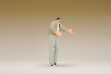 Kahverengi bez giyen gözlüklü bir adam. O, konuşurken el ifadesidir. Oyunculuktaki çizgi film karakterinin 3d canlandırması.