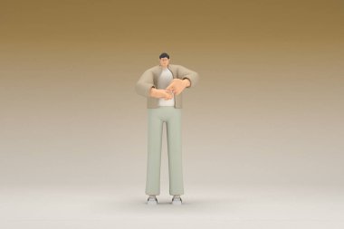 Kahverengi bez giyen gözlüklü bir adam. O, konuşurken el ifadesidir. Oyunculuktaki çizgi film karakterinin 3d canlandırması.