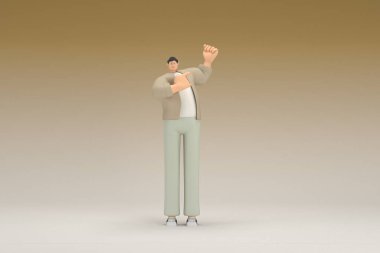 Kahverengi bez giyen gözlüklü bir adam. O, konuşurken el ifadesidir. Oyunculuktaki çizgi film karakterinin 3d canlandırması.