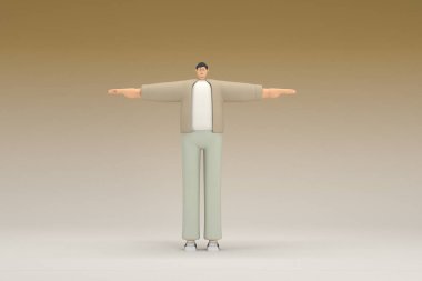 A man with glasses wearing brown cloth. He is standing with arms outstretched. 3d rendering of cartoon character in acting.