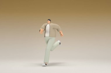 Kahverengi bez giyen gözlüklü bir adam koşuyor. Oyunculuktaki çizgi film karakterinin 3d canlandırması.