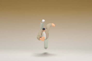 A man with glasses wearing brown cloth.  He is falling down. 3d rendering of cartoon character in acting.