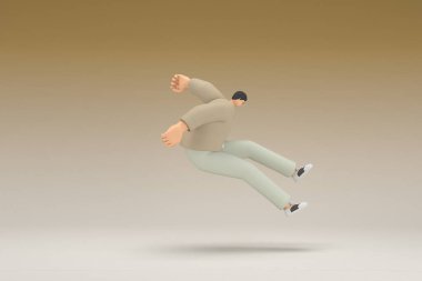 A man with glasses wearing brown cloth is  jumping. 3d rendering of cartoon character in acting.