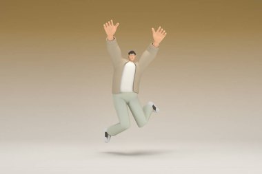 A man with glasses wearing brown cloth is  jumping. 3d rendering of cartoon character in acting.