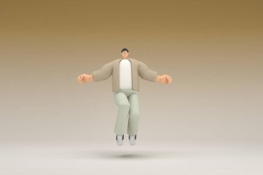 A man with glasses wearing brown cloth is  jumping. 3d rendering of cartoon character in acting.