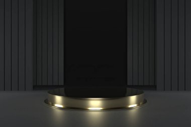 Abstract geometric podium background. Minimalist primitive shapes. Modern mockup. Blank template. Empty showcase. 3d render of shop display