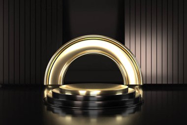 Abstract geometric podium background. Minimalist primitive shapes. Modern mockup. Blank template. Empty showcase. 3d render of shop display