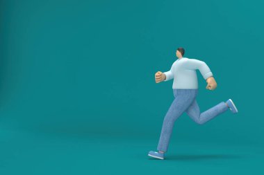cartoon character wearing jeans and  long shirt. He is running. 3d rendering in acting.
