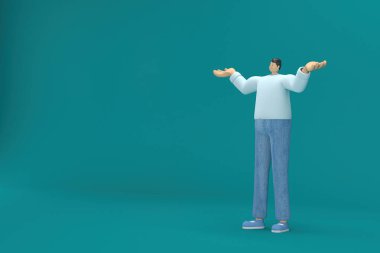 Çizgi film karakteri kot pantolon ve uzun gömlek giyiyor. O, konuşurken vücudunun ve elinin ifadesidir. Oyunculukta 3d canlandırma.