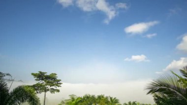 Timelapse Birçok Cumulus bulutlar sis üzerinde yüzer. Sabah sisi