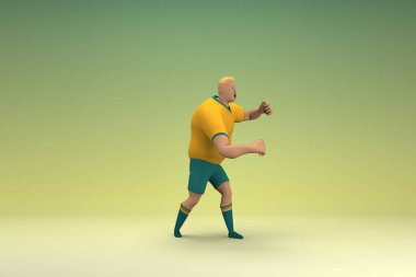 Sarı gömlek ve yeşil pantolon giyen bir atlet. Egzersiz yapıyor. Oyunculuktaki çizgi film karakterinin 3d canlandırması.