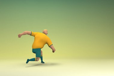 Sarı gömlek ve yeşil pantolon giyen bir atlet koşuyor. Oyunculuktaki çizgi film karakterinin 3d canlandırması.