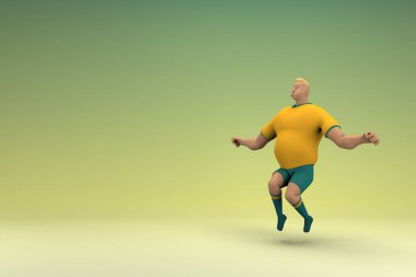 Sarı gömlek ve yeşil pantolon giyen bir atlet atlıyor. Oyunculuktaki çizgi film karakterinin 3d canlandırması.