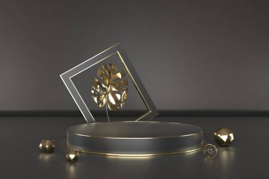 3d render of shop display. Abstract geometric podium background. Minimalist primitive shapes. Modern mockup. Blank template. Empty showcase.