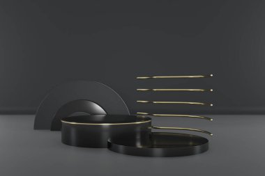 3d render of shop display. Abstract geometric podium background. Minimalist primitive shapes. Modern mockup. Blank template. Empty showcase.