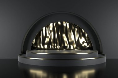 3d render of shop display. Abstract geometric podium background. Minimalist primitive shapes. Modern mockup. Blank template. Empty showcase.