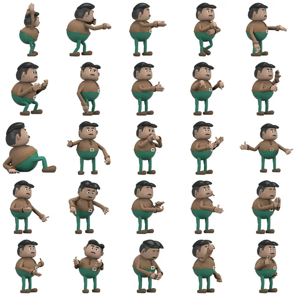 The man  with mustache wearing a brown long shirt green pants is expression of body or doing exercise. 3d rendering of cartoon character in acting.