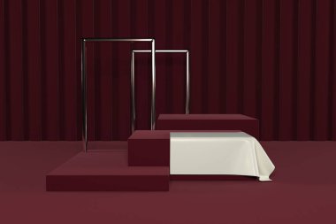 3d render of shop display. Abstract geometric podium background. Minimalist primitive shapes. Modern mockup. Blank template. Empty showcase.