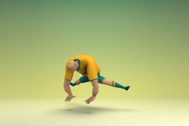 Sarı gömlek ve yeşil pantolon giyen bir atlet. Egzersiz yapıyor. Oyunculuktaki çizgi film karakterinin 3d canlandırması.