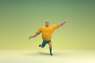 Sarı gömlek ve yeşil pantolon giyen bir atlet. Egzersiz yapıyor. Oyunculuktaki çizgi film karakterinin 3d canlandırması.