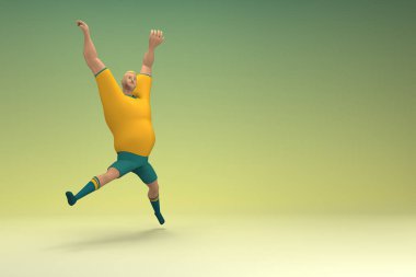 Sarı gömlek ve yeşil pantolon giyen bir atlet. Egzersiz yapıyor. Oyunculuktaki çizgi film karakterinin 3d canlandırması.