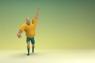 Sarı gömlek ve yeşil pantolon giyen bir atlet. Egzersiz yapıyor. Oyunculuktaki çizgi film karakterinin 3d canlandırması.