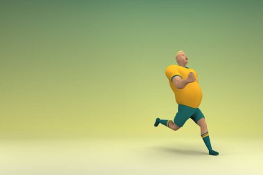 Sarı gömlek ve yeşil pantolon giyen bir atlet koşuyor. Oyunculuktaki çizgi film karakterinin 3d canlandırması.