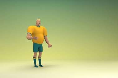 Sarı gömlek ve yeşil pantolon giyen bir atlet konuşurken el ifadesidir. Oyunculuktaki çizgi film karakterinin 3d canlandırması.