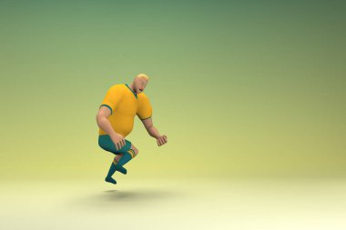 Sarı gömlek ve yeşil pantolon giyen bir atlet atlıyor. Oyunculuktaki çizgi film karakterinin 3d canlandırması.