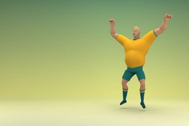 Sarı gömlek ve yeşil pantolon giyen bir atlet atlıyor. Oyunculuktaki çizgi film karakterinin 3d canlandırması.