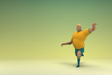 Sarı gömlek ve yeşil pantolon giyen bir atlet. Egzersiz yapıyor. Oyunculuktaki çizgi film karakterinin 3d canlandırması.