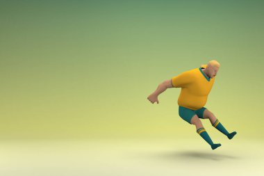 Sarı gömlek ve yeşil pantolon giyen bir atlet atlıyor. Oyunculuktaki çizgi film karakterinin 3d canlandırması.