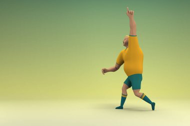 Sarı gömlek ve yeşil pantolon giyen bir atlet. Egzersiz yapıyor. Oyunculuktaki çizgi film karakterinin 3d canlandırması.