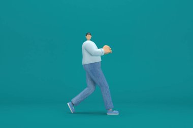 cartoon character wearing jeans and  long shirt. He is pulling or pushing something. 3d rendering in acting.