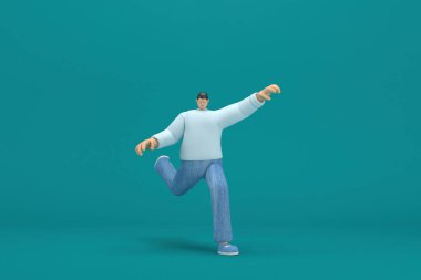 cartoon character wearing jeans and white long shirt. 3d rendering in acting. He is doing exercise.