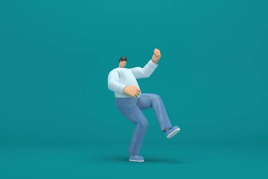 cartoon character wearing jeans and white long shirt. 3d rendering in acting. He is doing exercise.