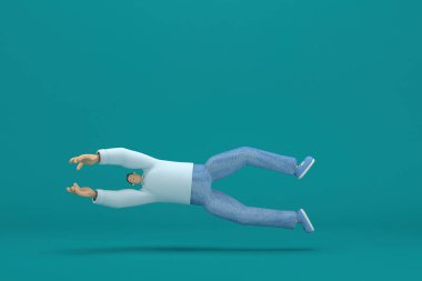 cartoon character wearing jeans and white long shirt. 3d rendering in acting. He is doing exercise.