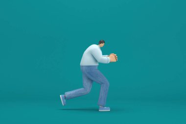 cartoon character wearing jeans and  long shirt. He is pulling or pushing something. 3d rendering in acting.