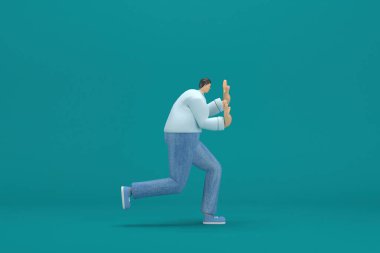 cartoon character wearing jeans and  long shirt. He is pulling or pushing something. 3d rendering in acting.