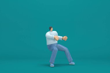 cartoon character wearing jeans and  long shirt. He is pulling or pushing something. 3d rendering in acting.