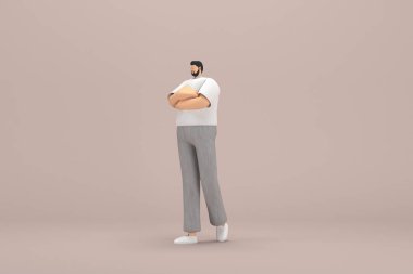 Gri kadife pantolon ve beyaz yakalı tişört giyen sakallı adam. O, konuşurken el ifadesidir. Oyunculuktaki çizgi film karakterinin 3d canlandırması.