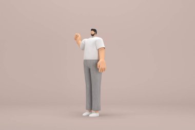 Gri kadife pantolon ve beyaz yakalı tişört giyen sakallı adam. O, konuşurken el ifadesidir. Oyunculuktaki çizgi film karakterinin 3d canlandırması.