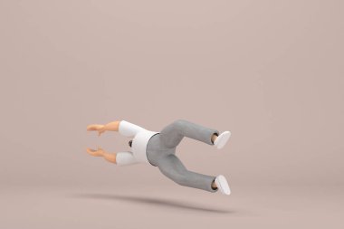 The man with beard wearinggray corduroy pants and white collar t-shirt.  He is doing exercise.  3d rendering of cartoon character in acting.