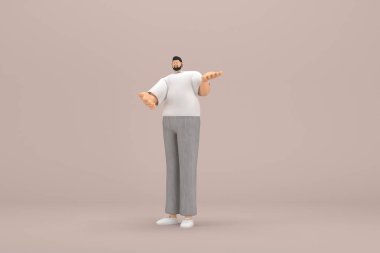 Gri kadife pantolon ve beyaz yakalı tişört giyen sakallı adam. O, konuşurken el ifadesidir. Oyunculuktaki çizgi film karakterinin 3d canlandırması.