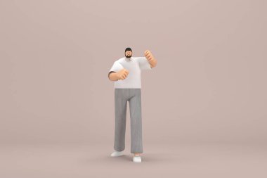 The man with beard wearinggray corduroy pants and white collar t-shirt.  He is doing exercise.  3d rendering of cartoon character in acting.